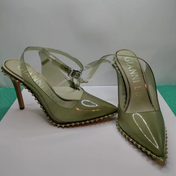 Beautiful smoky sage green, clear sling backs; w/ crystal trim - Picture 1 of 5